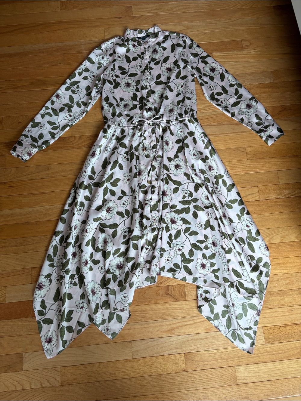 Ralph Lauren Floral Tie-Waist Womens Dress - Pale Pink with Green Leaf Print